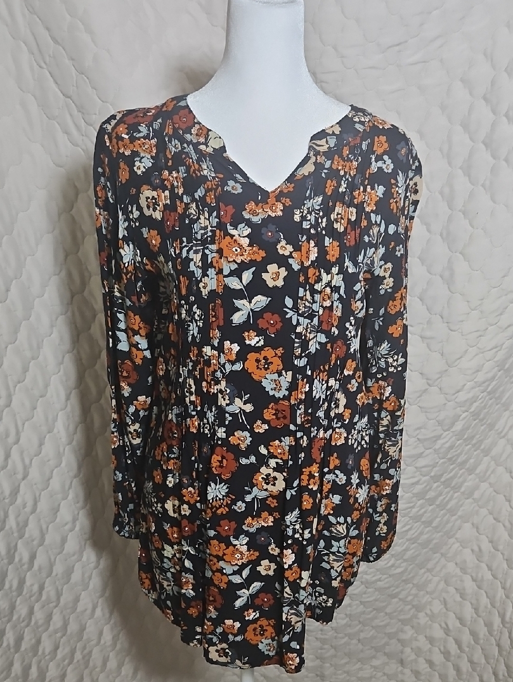 Floral 100% Rayon Pin Tuck Blouse